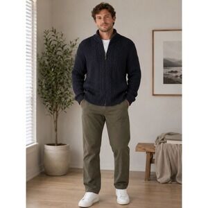 Lands End Mens Navy Blue Cable Knit Full Zip Drifter Cardigan Sweater Large